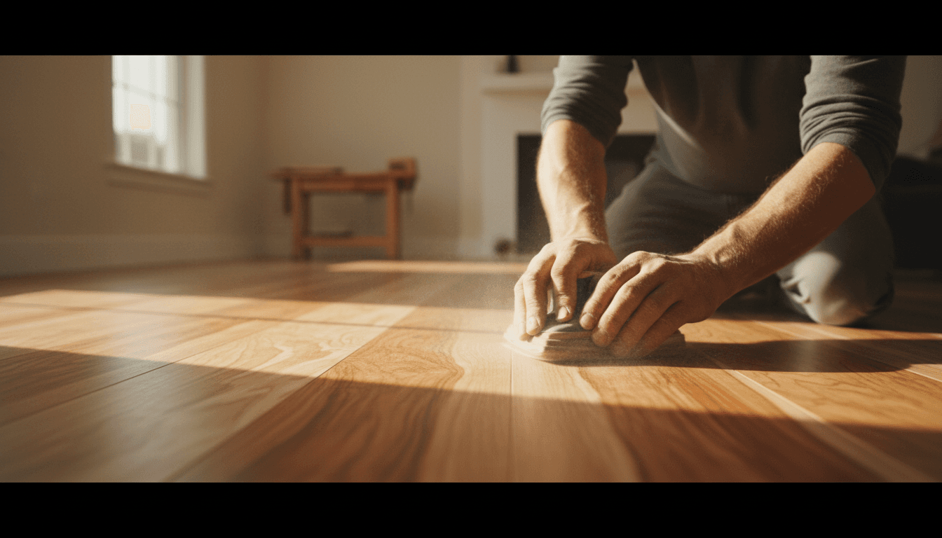 Craftsman sanding premium hardwood floor with careful attention to detail