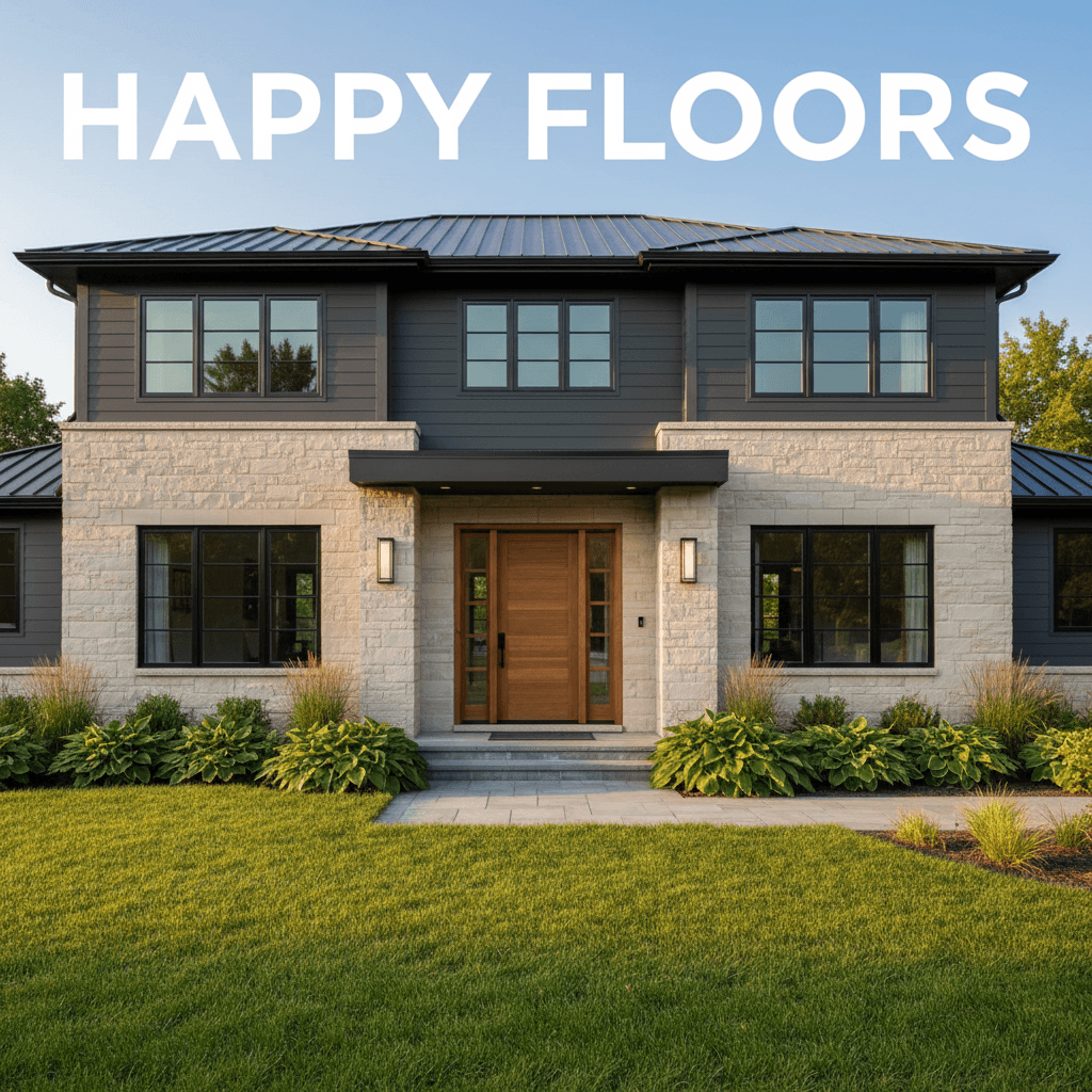 Renovated Detroit home exterior with modern design and lush front yard