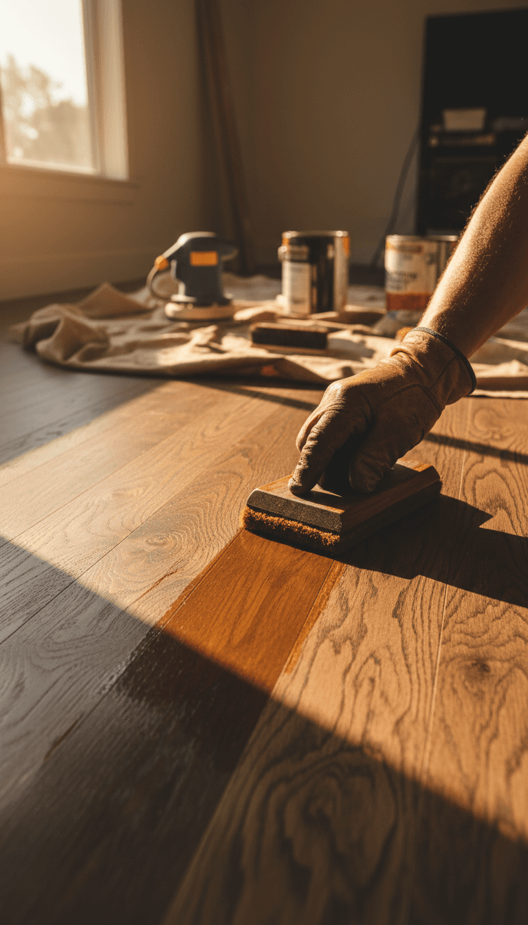 Fresh hardwood stain being applied to refinished floor
