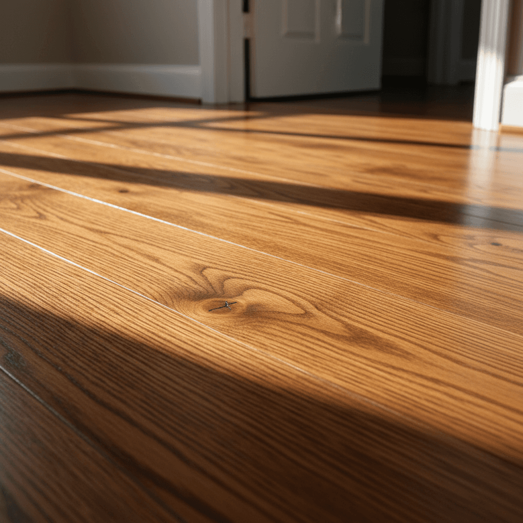 Freshly refinished hardwood flooring with rich grain detail and warm amber tones