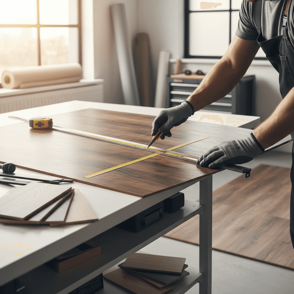 Flooring installer measuring and preparing vinyl material for installation