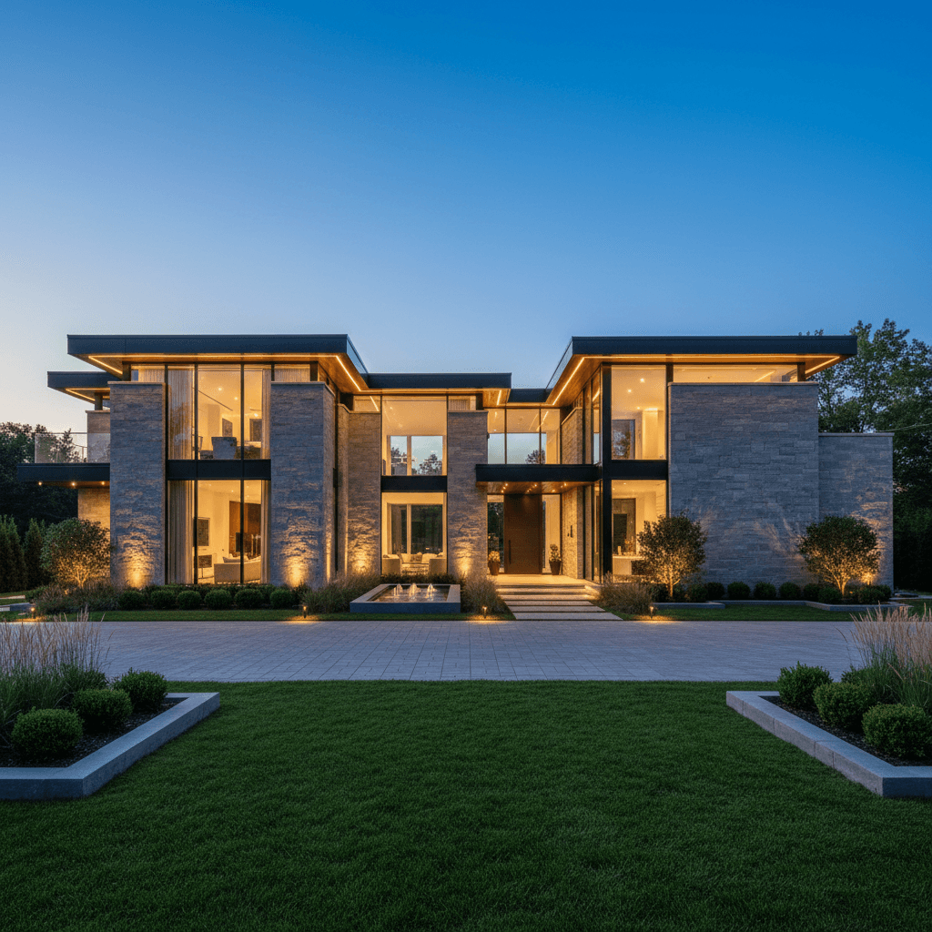 Luxurious Detroit home exterior with modern design and warm lighting.