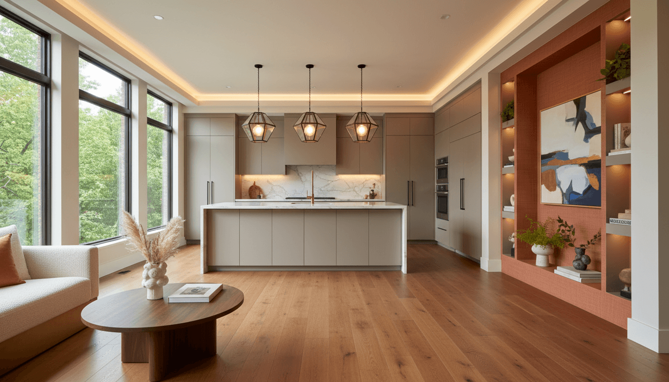 Before-and-after room transformation showing new flooring and paint