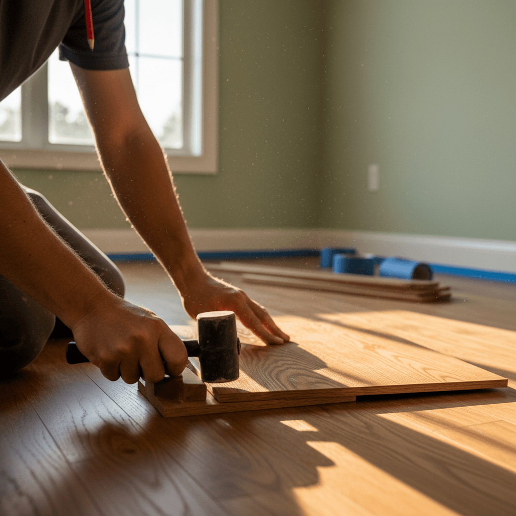 Contractor inspecting premium hardwood flooring installation in a modern Detroit home
