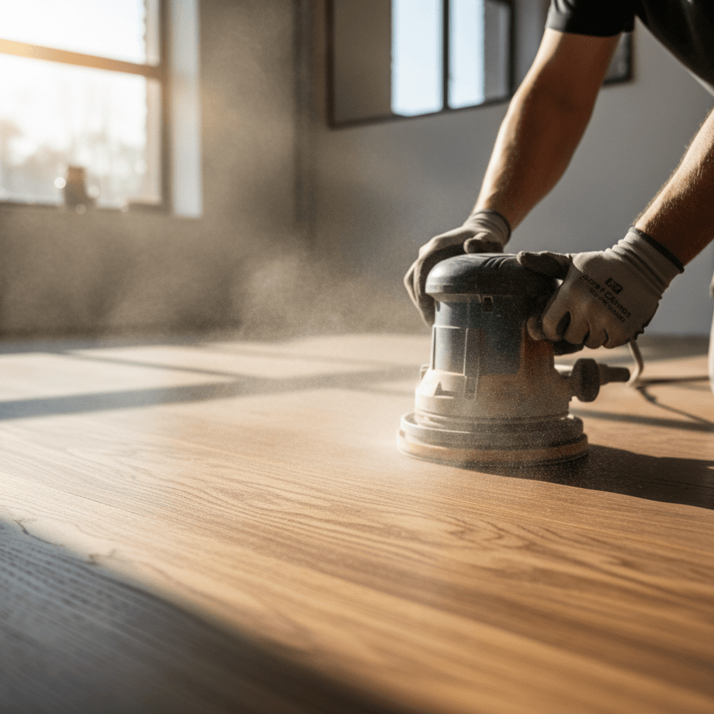 Hardwood floor being professionally sanded and refinished