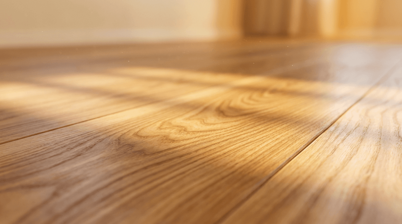 Close-up of freshly refinished hardwood flooring with rich wood grain detail