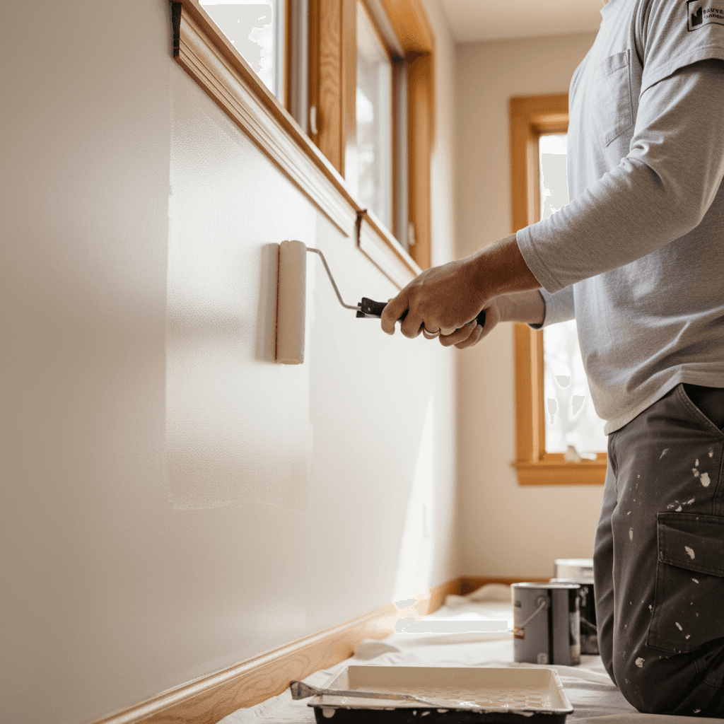 Interior painter applying fresh paint to a room wall