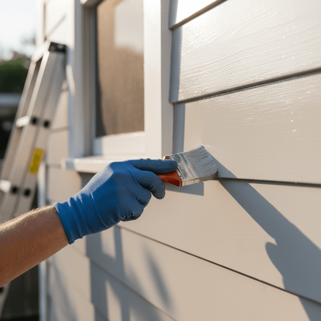 Exterior house painter applying fresh paint to home facade