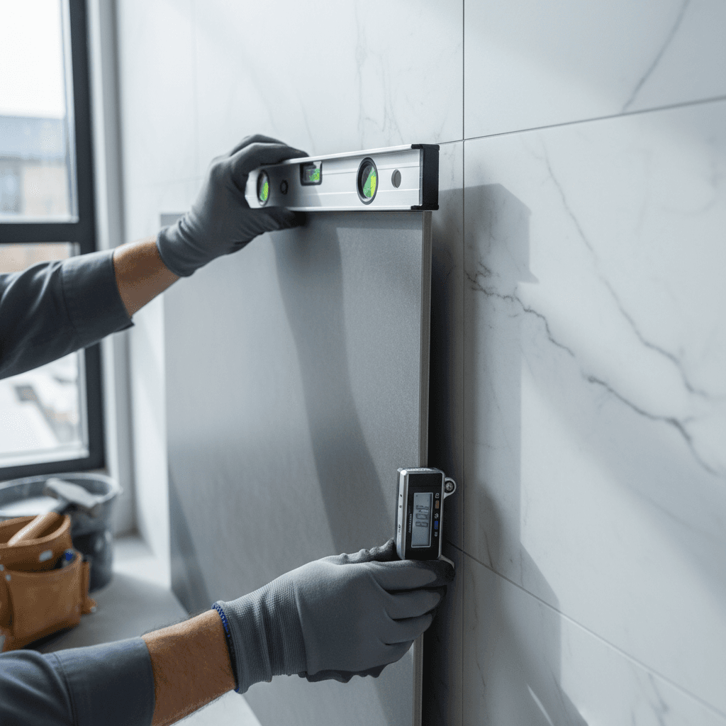 Detailed view of professional tile installation with precise grout lines